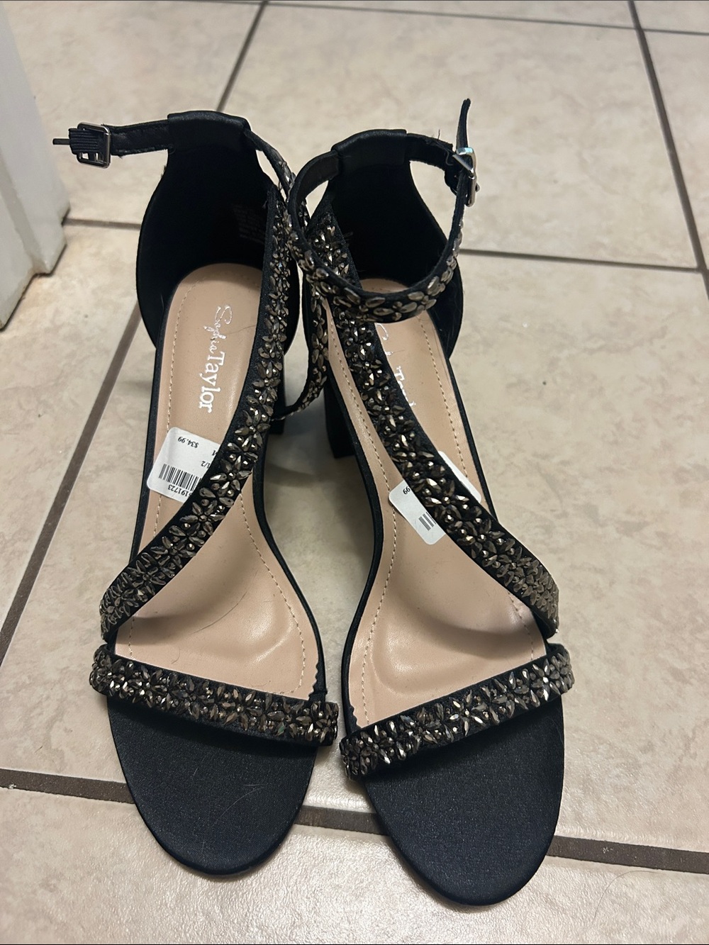 Seychelles Black Strappy Crystal-Embellished Block Heels